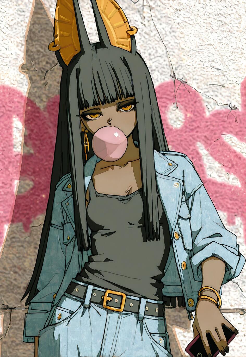 An anime-style illustration of a modern Anubis girl with black jackal ears, dark skin, and yellow eyes, blowing a pink bubblegum bubble. She is wearing a blue denim jacket and jeans and standing in front of a graffiti wall.