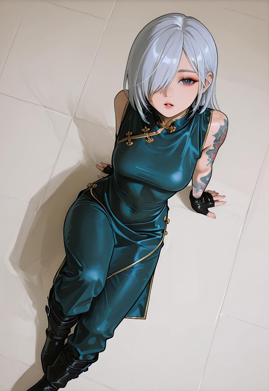 A young woman with short silver hair and an arm tattoo, wearing a teal Chinese dress outfit and black boots, sits on a white tiled floor and looks up at the camera.