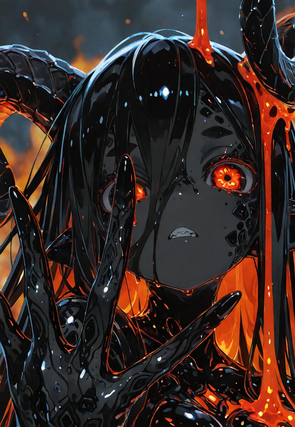 A close-up digital art piece of a female demon with glossy black skin and hair. She has glowing orange eyes that look like embers and black, curled horns. Molten lava drips down her head, and she is raising one hand in front of her face.