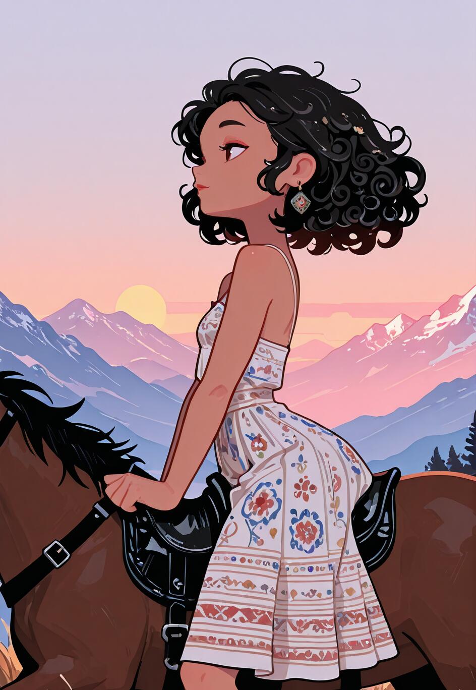 A Mongolian girl in a colorful, ethnic dress riding a horse in a scenic mountain landscape at sunset.