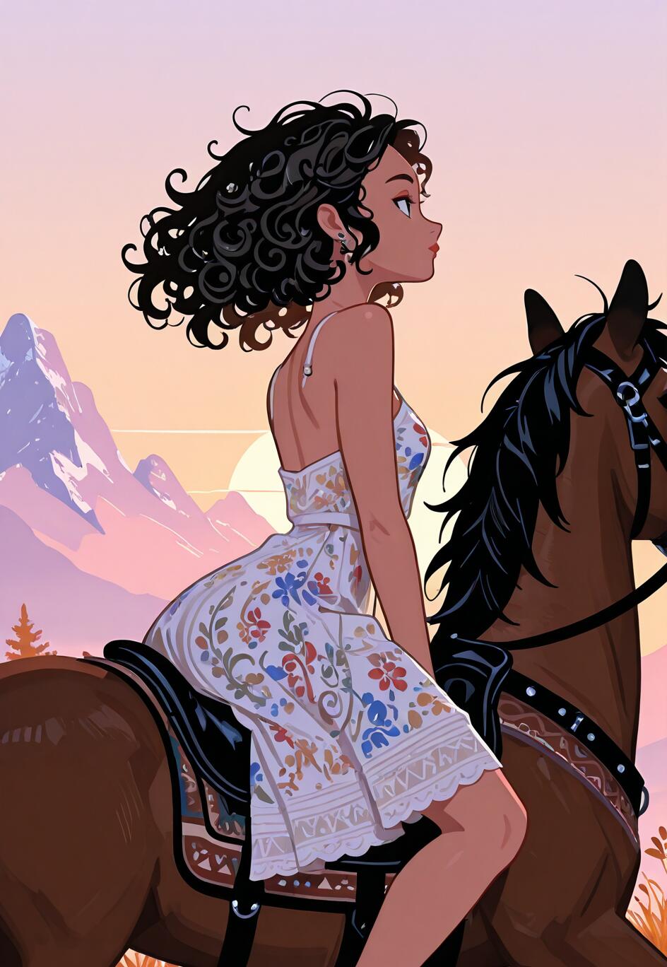 A Mongolian girl in a colorful dress riding a horse in a mountainous landscape, her dress fluttering in the wind.