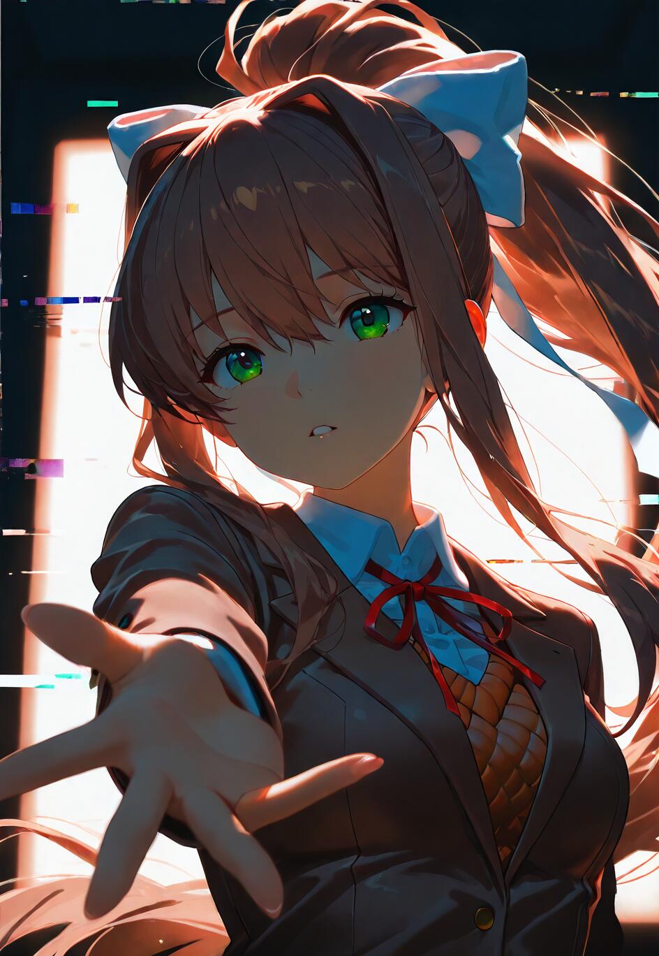 An illustration of Monika from Doki Doki Literature Club! with long brown hair in a ponytail and a white bow, wearing her school uniform and reaching her hand out towards the viewer against a bright, glitching background.