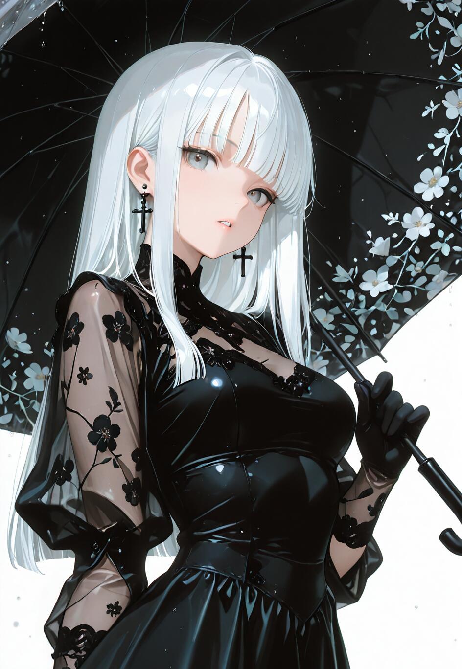 An anime illustration of a woman with long white hair and grey eyes wearing a black gothic dress with see-through floral sleeves, black gloves, and cross earrings, holding a black umbrella with a white flower pattern.