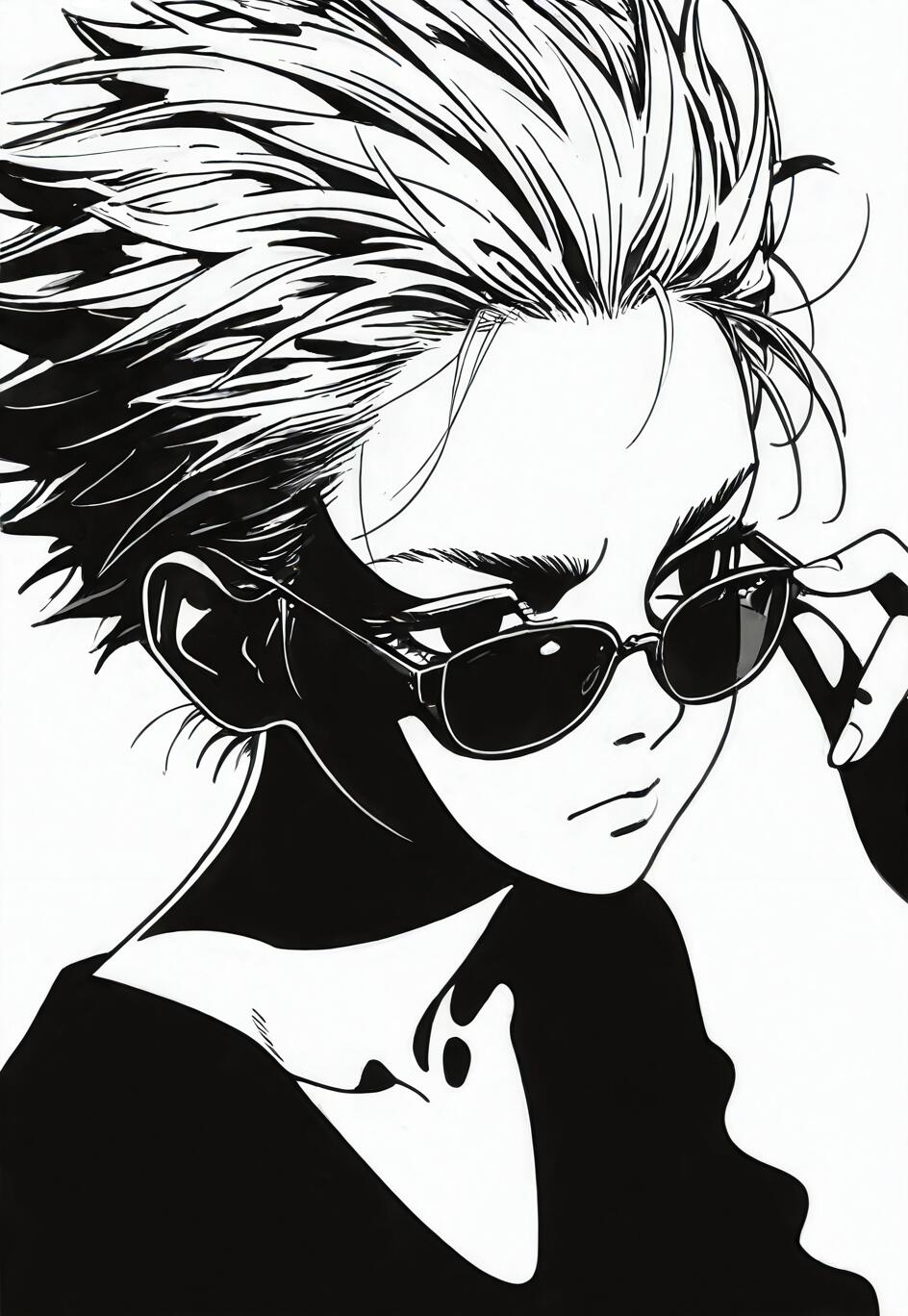 A black and white comic-style illustration of Manjiro 'Mikey' Sano from Tokyo Revengers. He has short, spiky hair and is looking over the top of his sunglasses while adjusting them with his right hand.