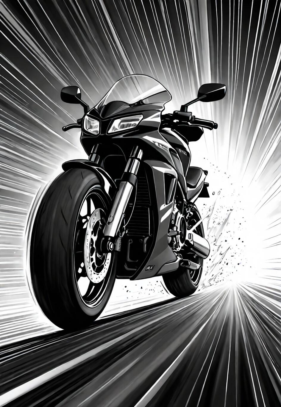 A dynamic, low-angle, black and white illustration of a modern motorcycle moving at high speed, with motion blur and radial speed lines creating a sense of intense velocity.