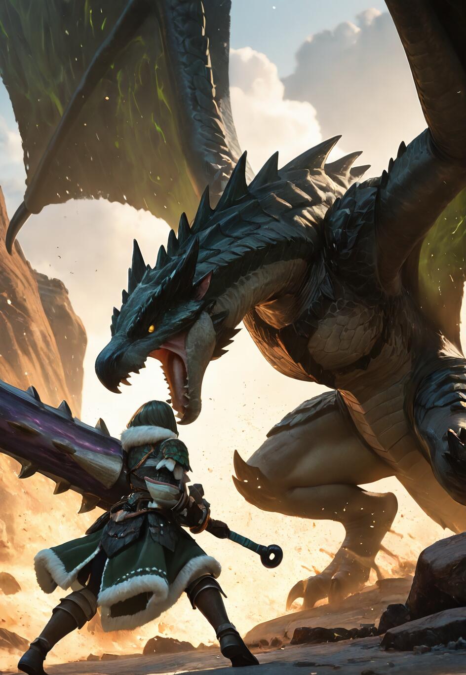 A female hunter in green and white fur-trimmed armor from Monster Hunter stands ready with a giant purple sword, facing a huge, roaring dark green wyvern in a rocky, sunlit environment.