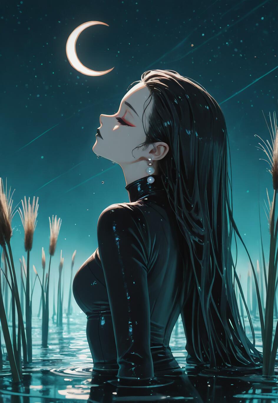 A digital illustration of a woman with long, wet black hair in profile, standing waist-deep in water among reeds. She wears a tight black outfit and pearl earrings, her head tilted back towards a crescent moon in a starry, dark teal sky.