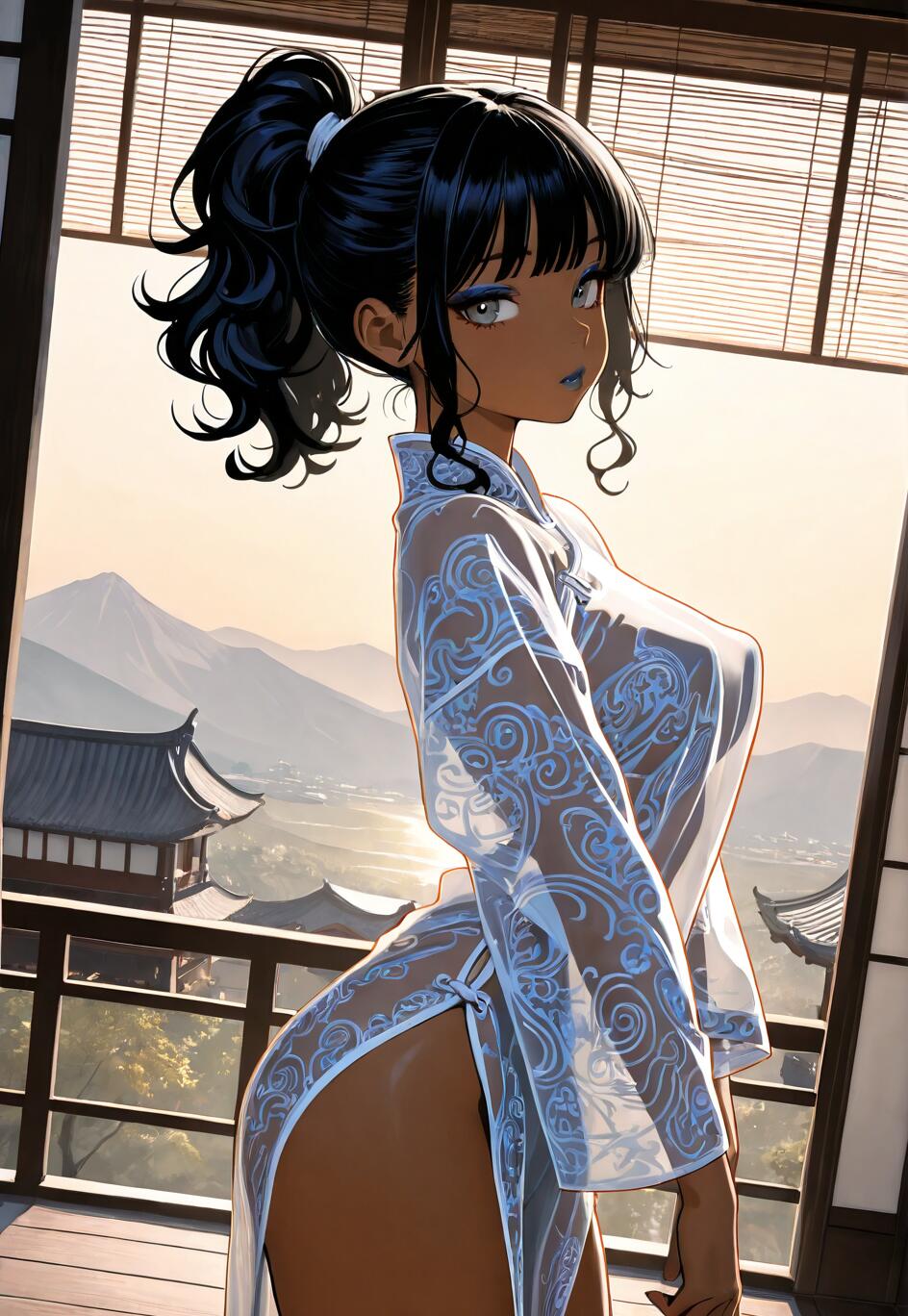 A digital illustration of a dark-skinned anime girl with black hair in a ponytail, wearing a see-through white and blue cheongsam, standing on a balcony overlooking a mountainous East Asian landscape at dawn.