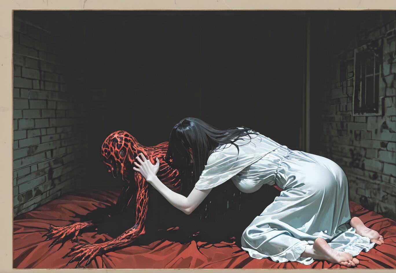 A digital painting of the character Morta from the 'Vermis' series, a woman with long black hair in a white dress, kneeling on a red bed in a dark, brick-walled room. She is gently touching the back of a monstrous, skinless red creature crouched before her.