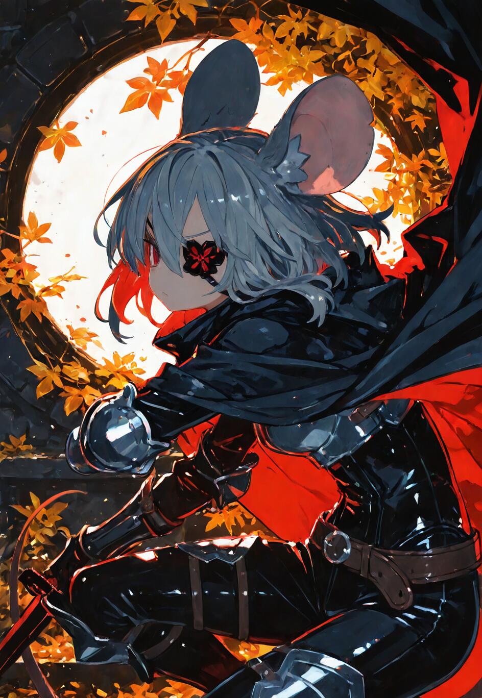 An anime-style mouse girl with gray hair, red eyes, and a floral eyepatch, dressed as a knight in black armor with a flowing cape, crouches in an action pose in front of a large circular window framed by autumn leaves.