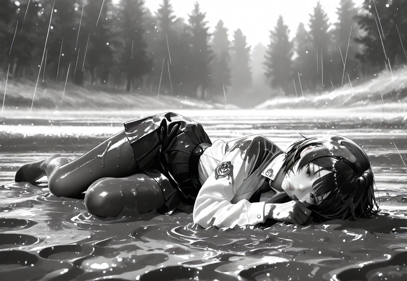 A black and white digital illustration of Rover from Wuthering Waves lying on her side in a muddy river. She is wearing a wet, dirty uniform, and it is raining in a forest.