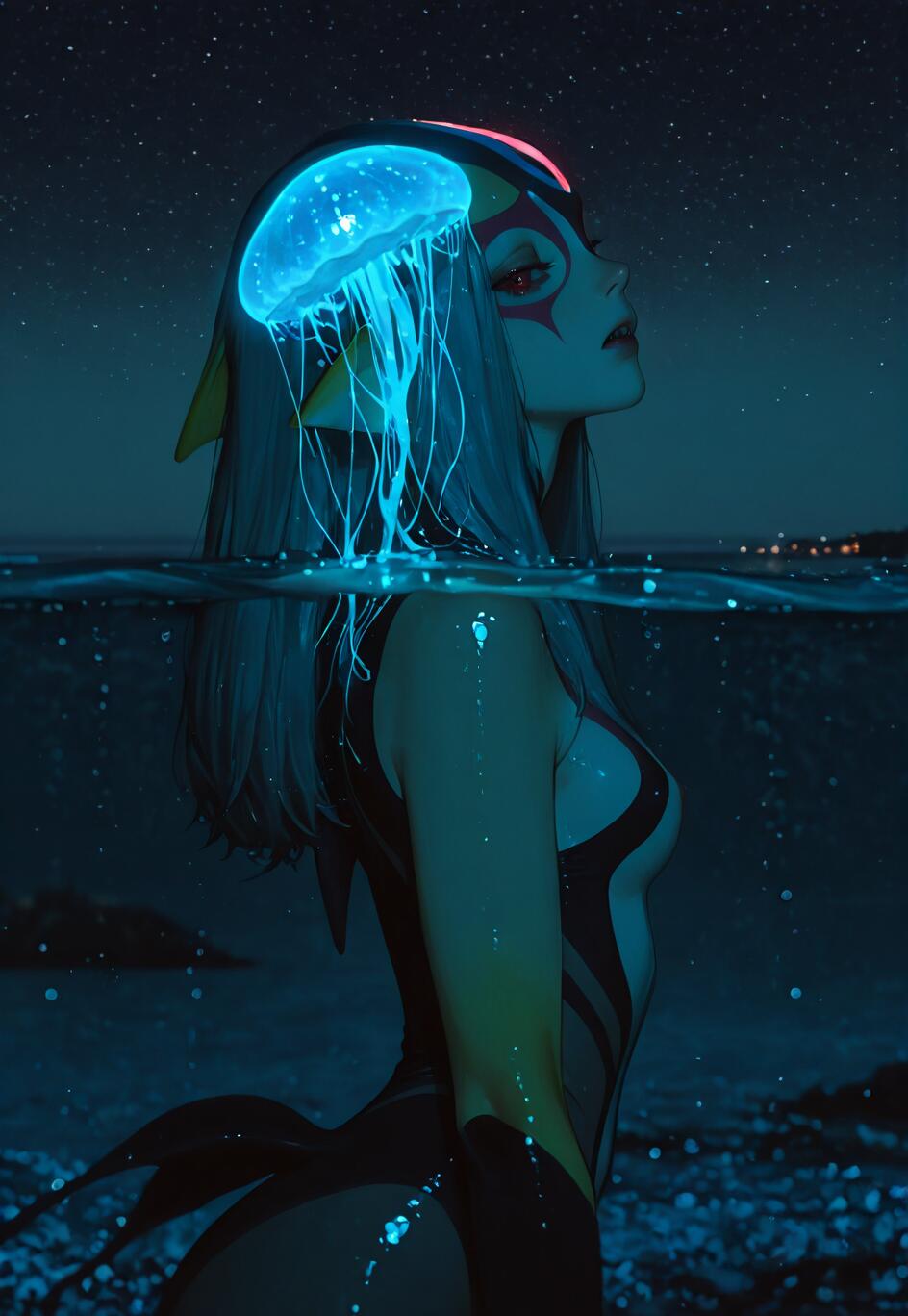 An illustration of the anime character Mutio from Blue Submarine No. 6, standing in the ocean at night. A large, bioluminescent blue jellyfish sits on her head like a hat, illuminating her face and gray hair against the starry sky.