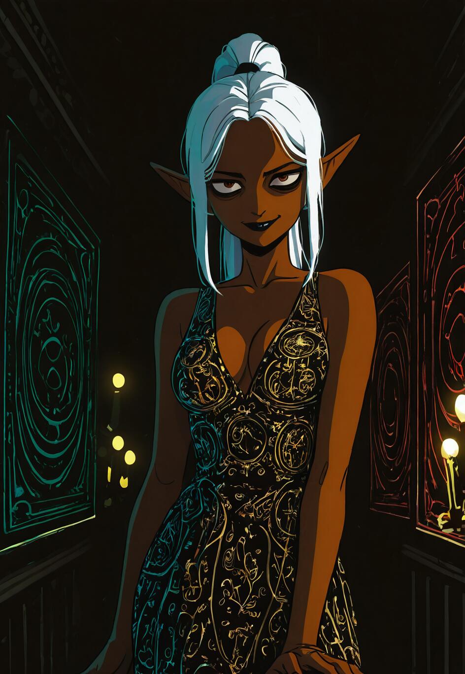 An illustration of a dark-skinned elf woman with white hair in a ponytail, smirking in a dark hallway. She wears a black dress with gold occult patterns. The walls are decorated with glowing arcane symbols.