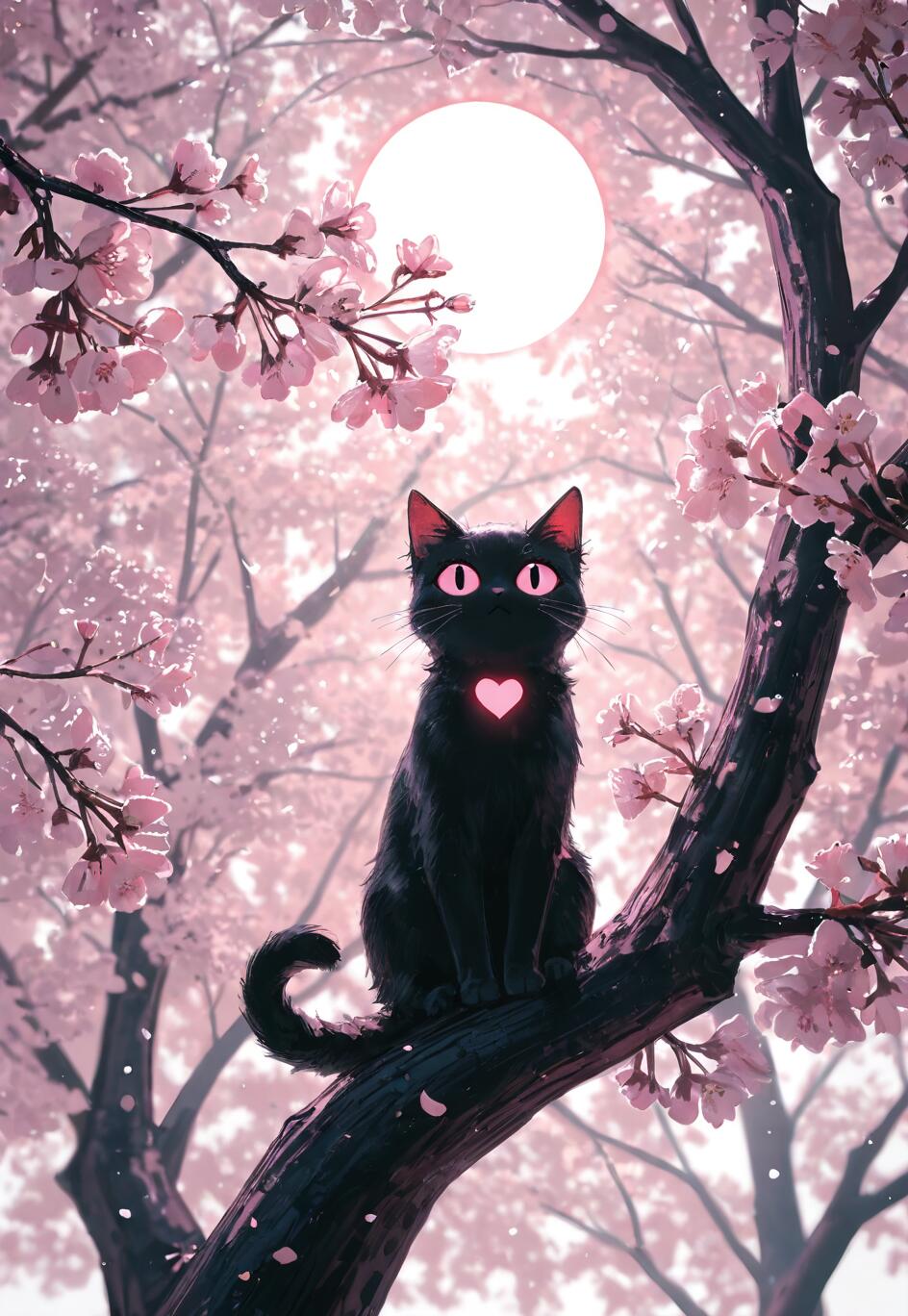 A black cat with large pink eyes and a glowing pink heart on its chest sits on a cherry blossom tree branch under a full white moon.