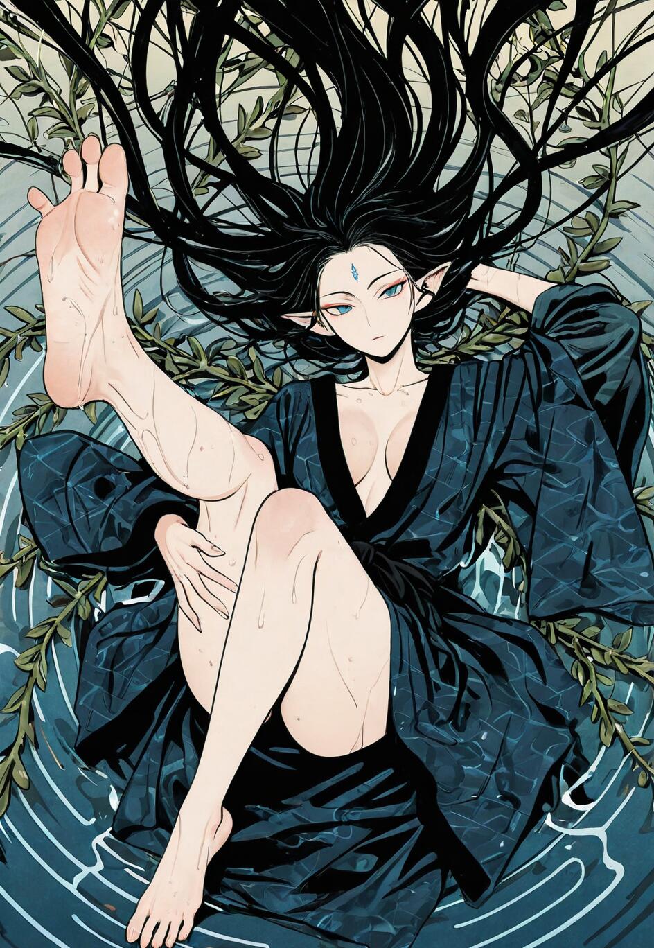 An overhead view of an elf with very long black hair and pointy ears, lying in rippling blue water. They are wearing a dark blue robe and looking up at the viewer with one leg raised towards the sky.