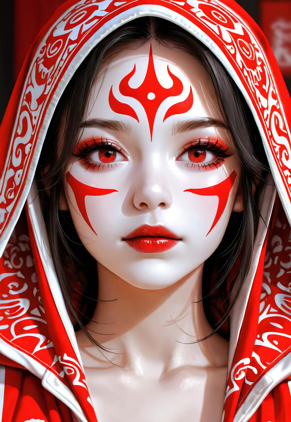 A close-up portrait of a beautiful woman with pale skin, dark hair, and vibrant red eyes. She wears a red and white patterned hood and has bold red paint markings on her forehead and cheeks.
