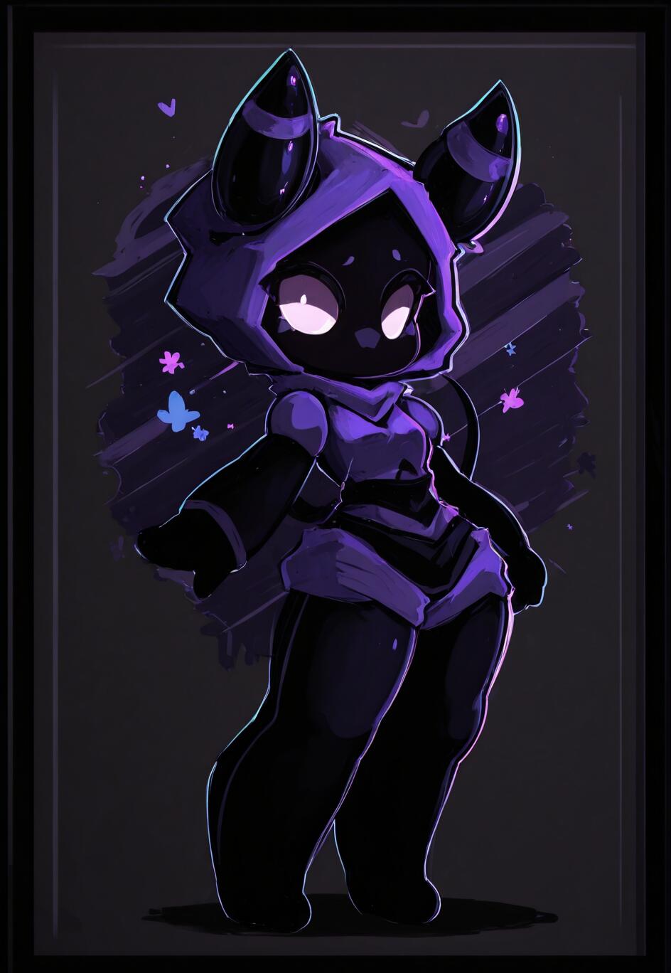 A full-body digital illustration of a dark, humanoid character inspired by Umbreon, wearing a purple hooded outfit with large, pointed ears. The character has glowing white eyes and is surrounded by a purple aura and tiny, glowing butterflies against a dark grey background.