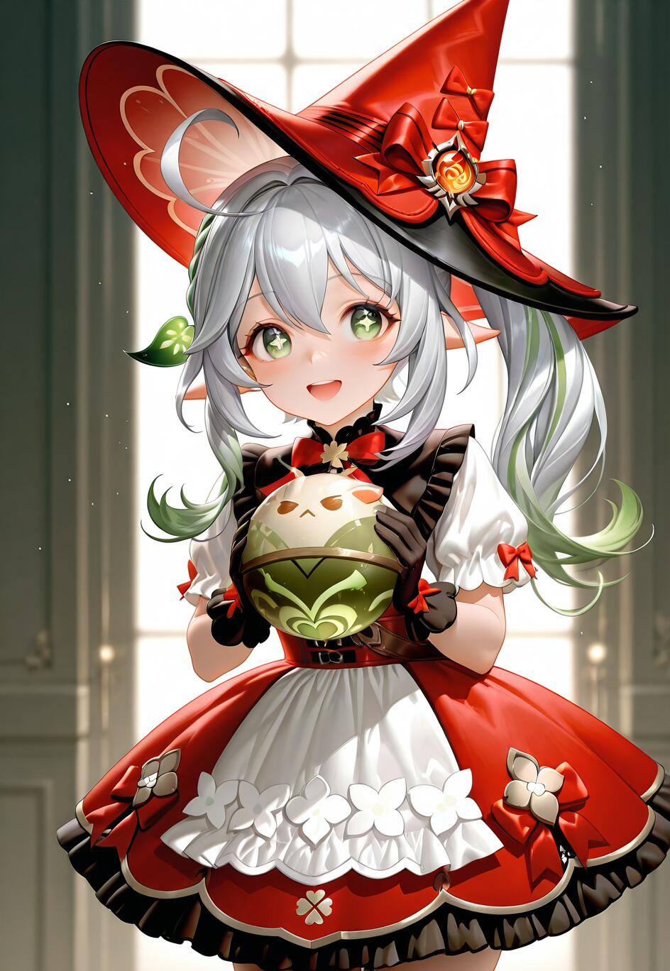 An anime illustration of Nahida from Genshin Impact dressed as Klee. She has long white hair with green tips, elf ears, and is wearing a large red witch hat and a red and white dress while holding a cute, cat-faced bomb.