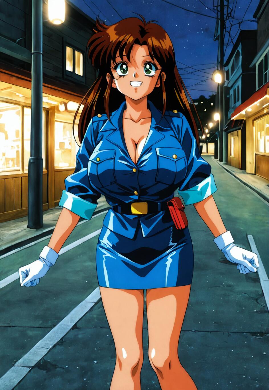 An illustration of Natsumi Tsujimoto, a brown-haired anime police officer from 'You're Under Arrest', smiling brightly while standing in the middle of a city street at night.