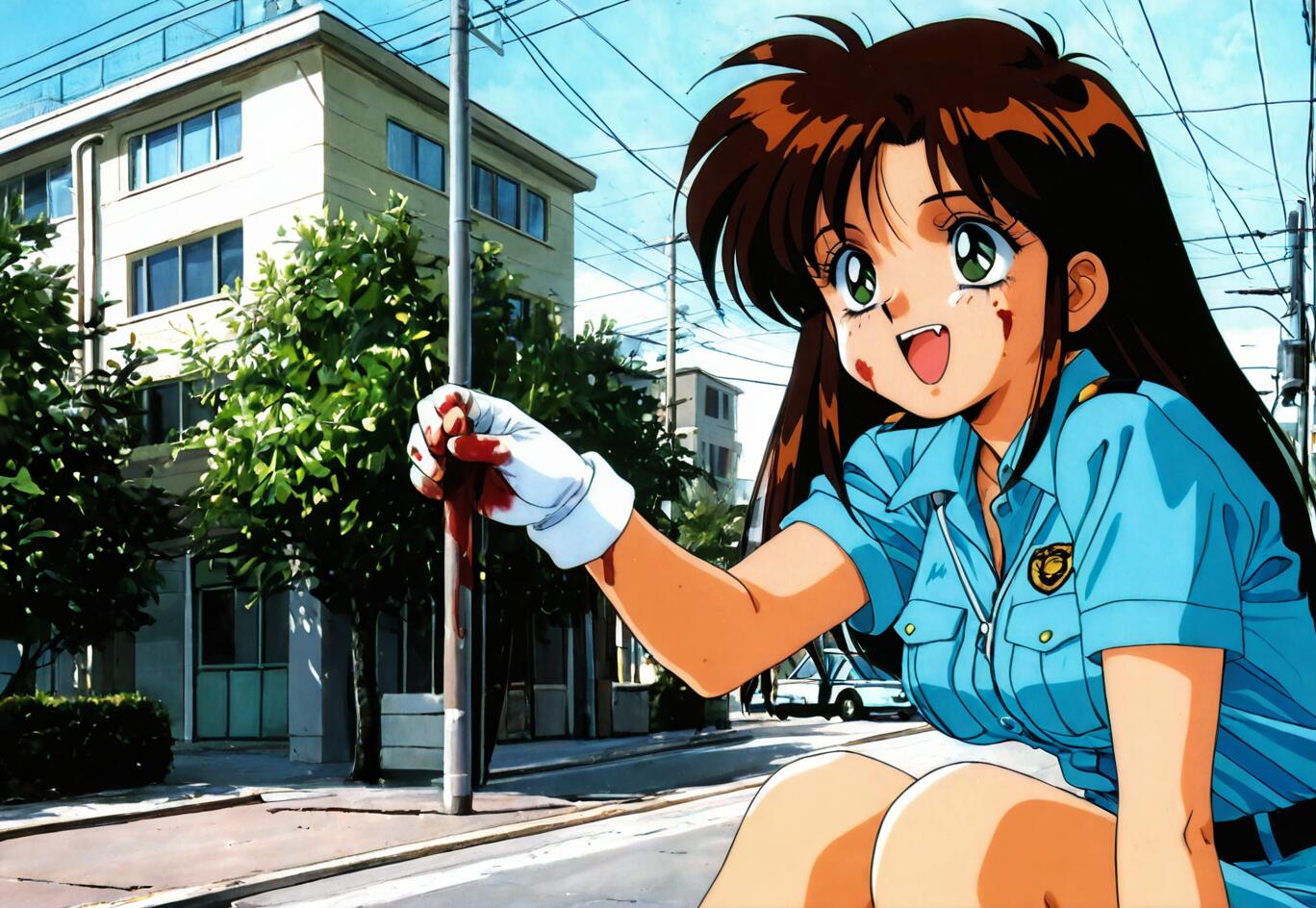 A 90s anime style illustration of Natsumi Tsujimoto from You're Under Arrest, a police officer with brown hair and green eyes, smiling cheerfully with blood on her face and holding a bloody object on a city street.