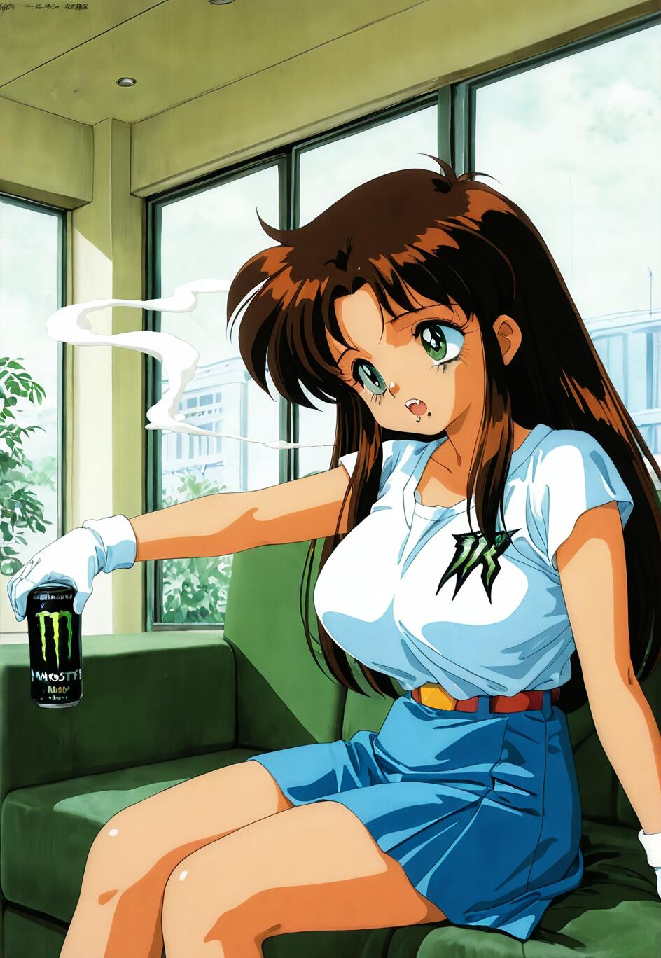 A 90s anime-style illustration of Natsumi Tsujimoto from 'You're Under Arrest' sitting on a green couch, holding a Monster Energy can with smoke wafting nearby.