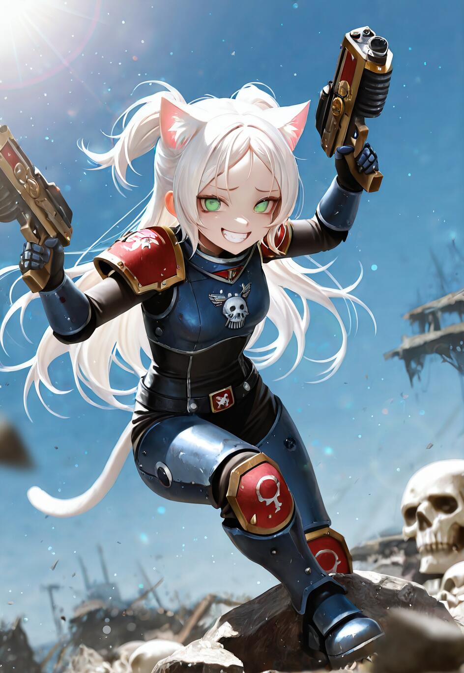 An anime cat girl with white hair and green eyes, wearing blue and red Warhammer 40k-style power armor, joyfully dual-wielding pistols on a desolate battlefield.