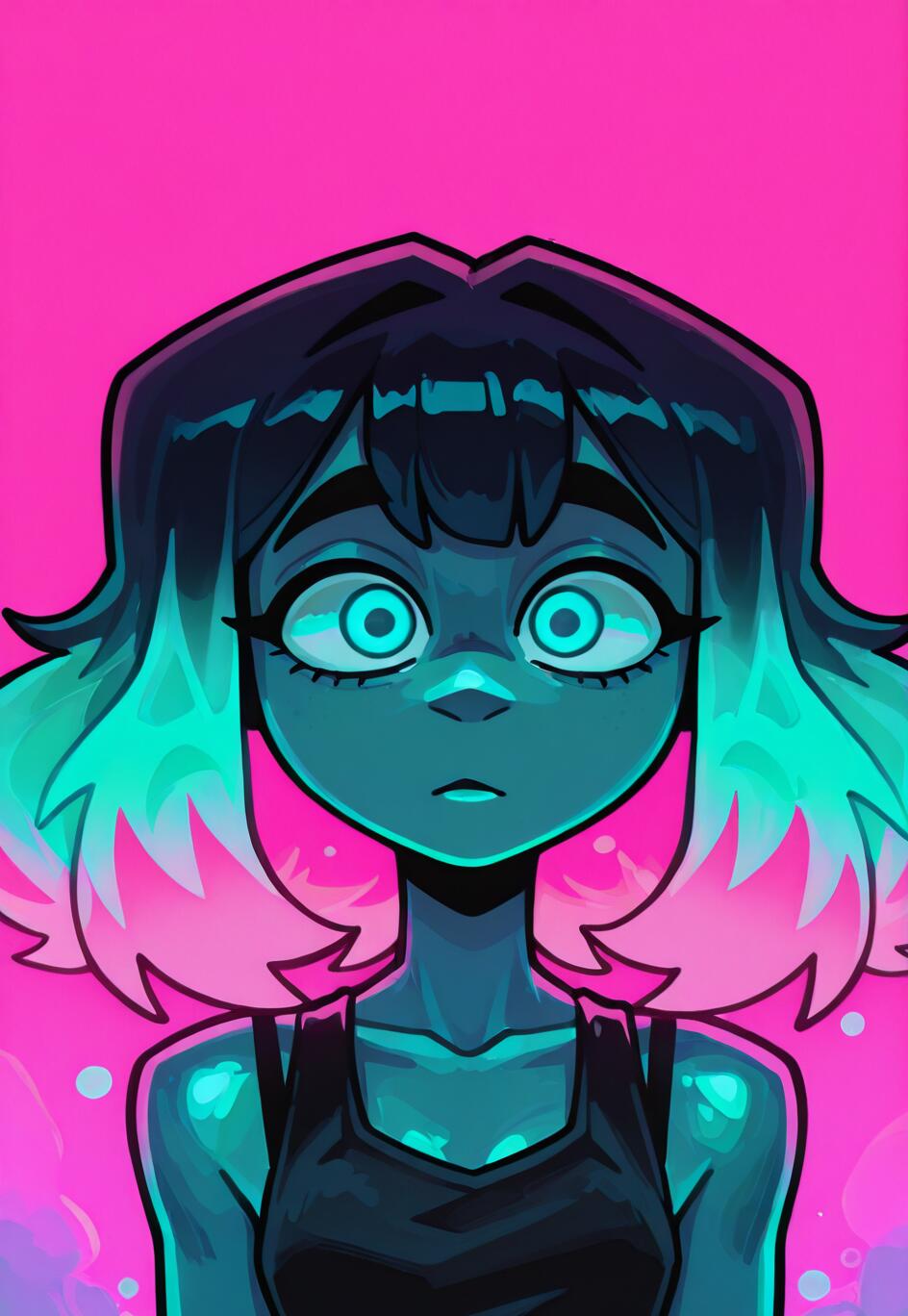 A stylized portrait of a girl with neon blue hair and glowing eyes, set against a vibrant pink background.