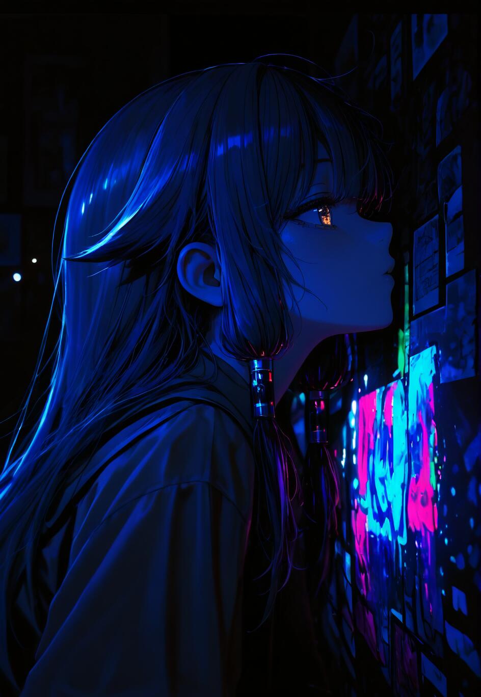 Side profile of an anime girl with long blue hair looking at a wall of glowing pink and cyan neon lights in a dark, blue-toned environment.