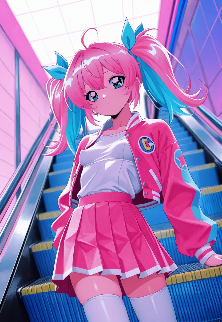 An anime girl with pink and blue twin tails, wearing a pink bomber jacket and pleated skirt, stands on a blue and pink neon-lit escalator looking towards the camera.