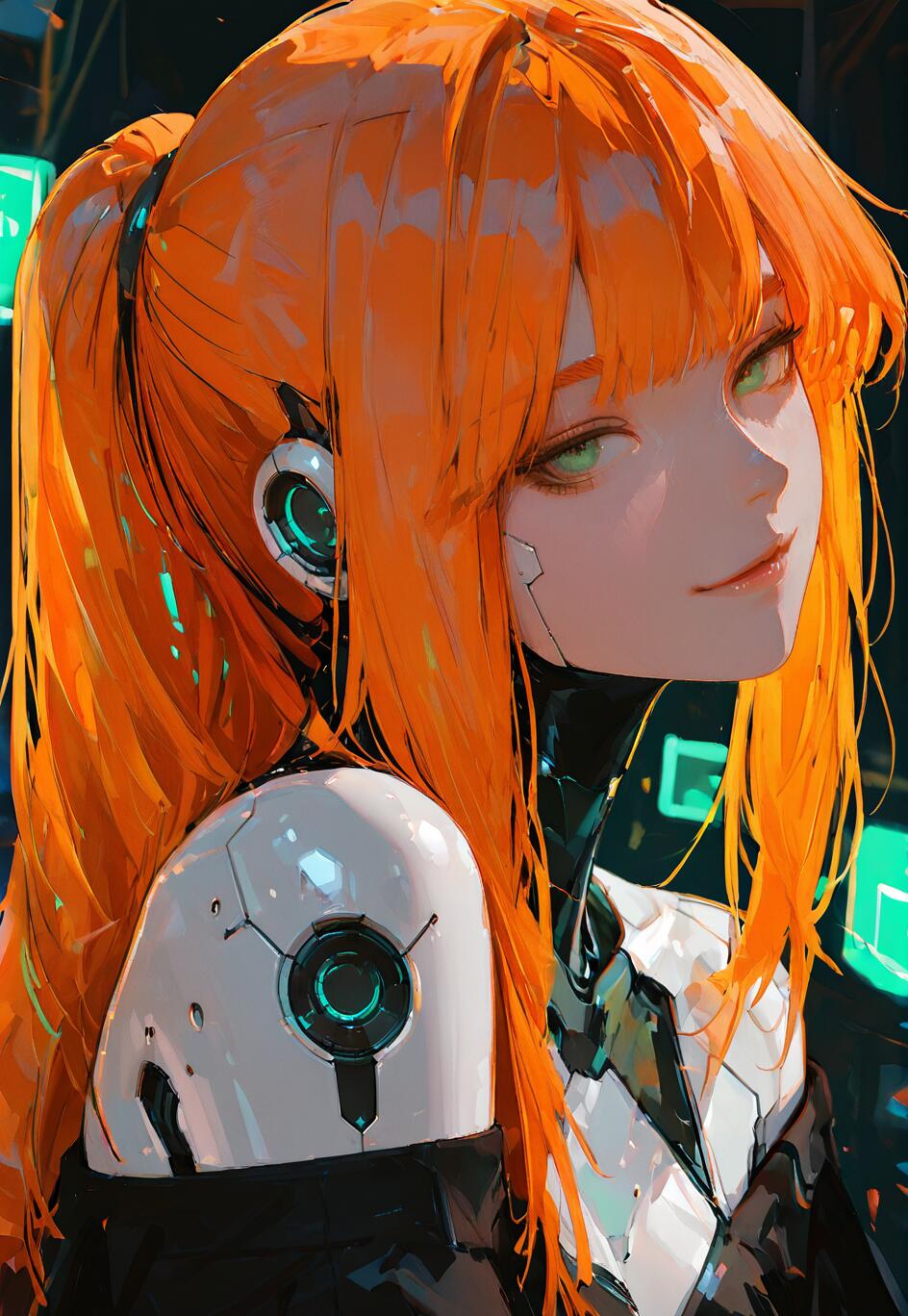 A close-up illustration of a beautiful cyborg woman with long, bright orange hair in a ponytail and glowing green eyes. She has visible cybernetics on her ear and shoulder, set against a dark, neon-lit city background.