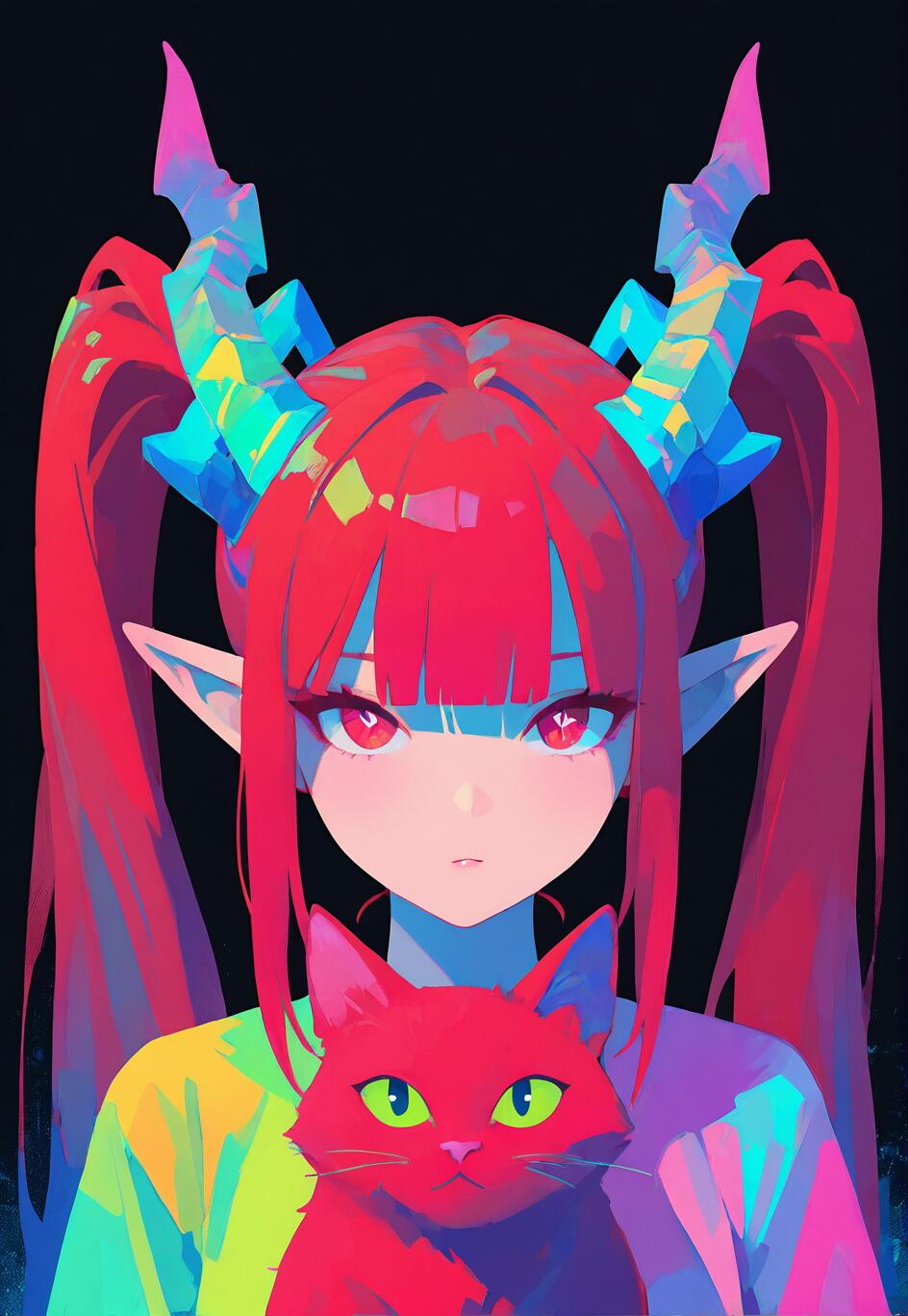 An anime-style illustration of a girl with long red hair, pointed ears, and colorful crystalline horns, holding a red cat with green eyes against a black background.