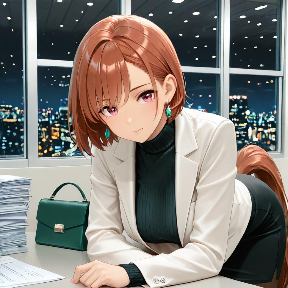 An anime-style illustration of Nice Nature from Uma Musume as an office lady. She has short auburn hair and pink eyes, and is wearing a white jacket over a dark turtleneck. She is leaning on a desk in an office at night, with a city skyline visible through the window.