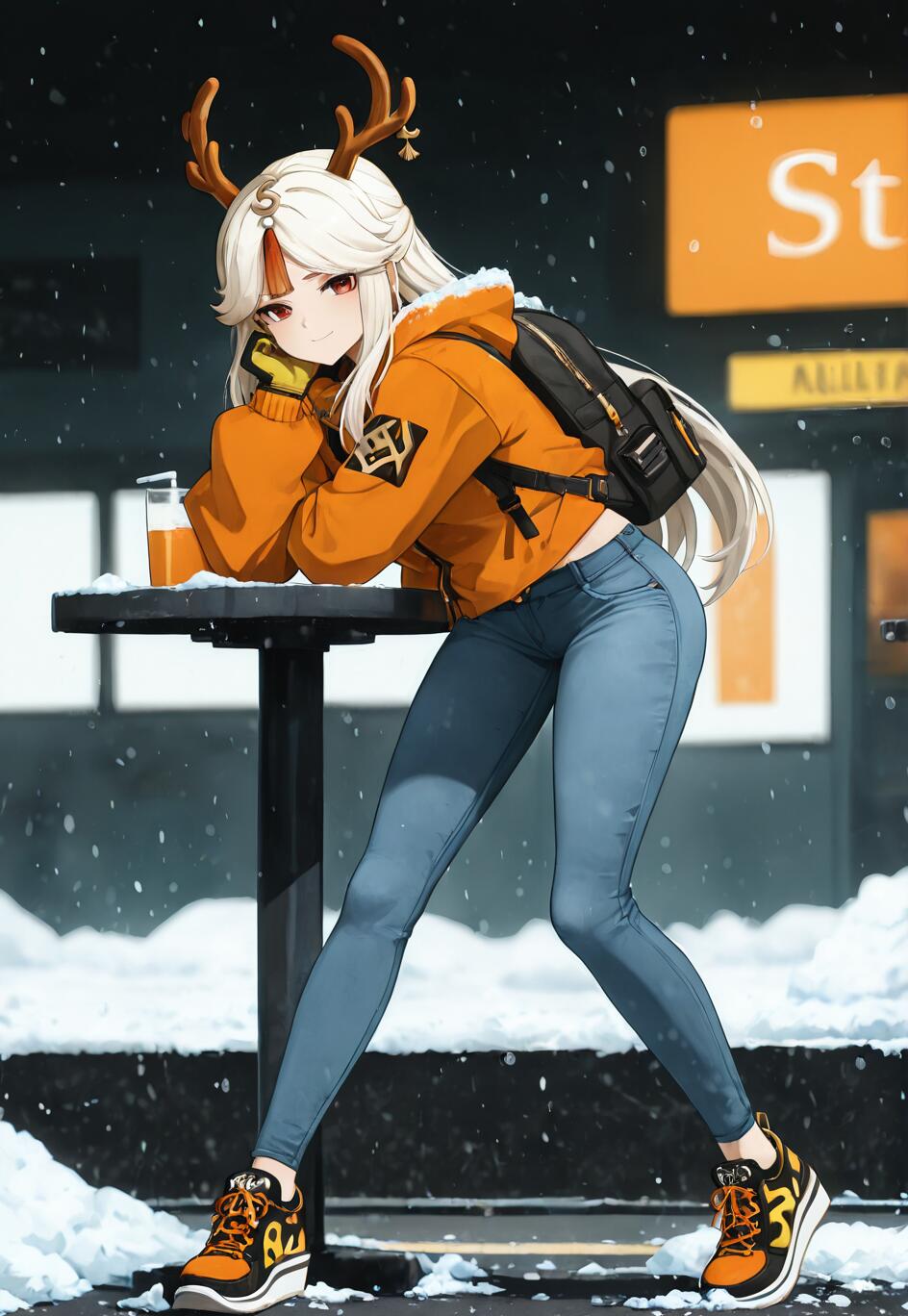 An anime-style character, Ningguang from Genshin Impact, with long white hair and deer antlers, wearing an orange jacket and blue jeans. She is leaning on a table at a snowy bus stop, smiling.