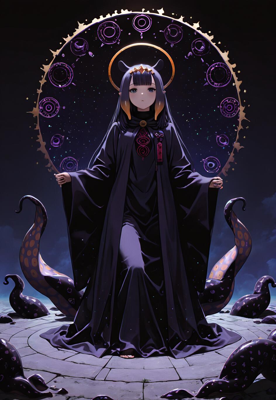 A full-body digital illustration of the VTuber Ninomae Ina'nis as a cosmic priestess. She wears dark purple robes and is surrounded by tentacles, with a large, glowing golden and purple celestial halo behind her.