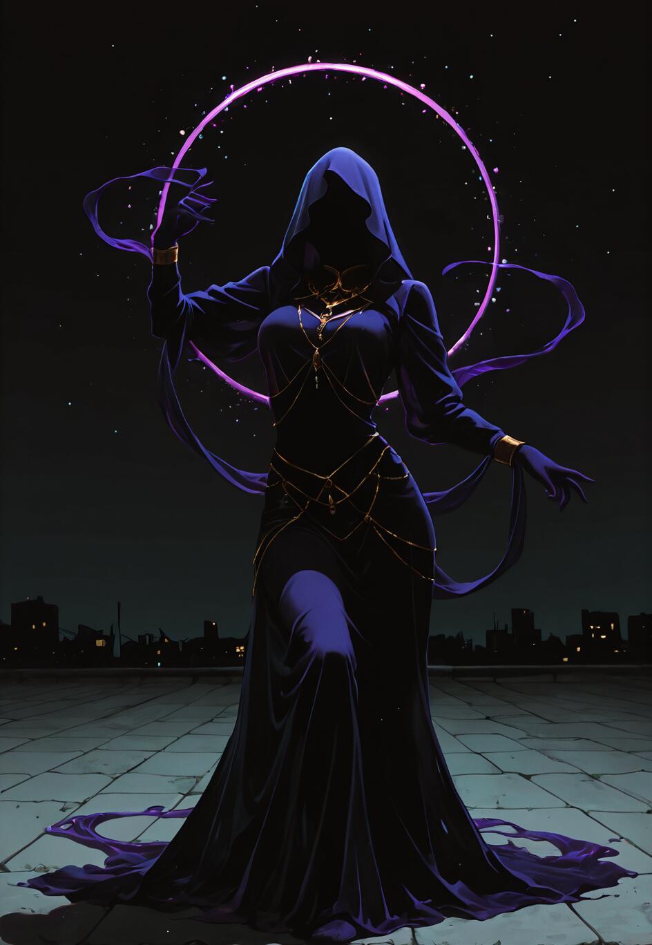A full-body illustration of a mysterious sorceress in a dark blue hooded gown standing on a rooftop at night, with a large, glowing purple ring of magic floating behind her.