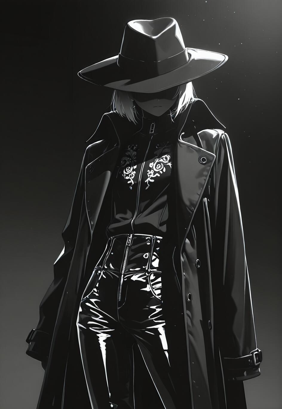 A stylish anime character in a monochrome illustration, wearing a wide-brimmed black hat that shadows their face, a long trench coat, an embroidered shirt, and shiny black leather pants.
