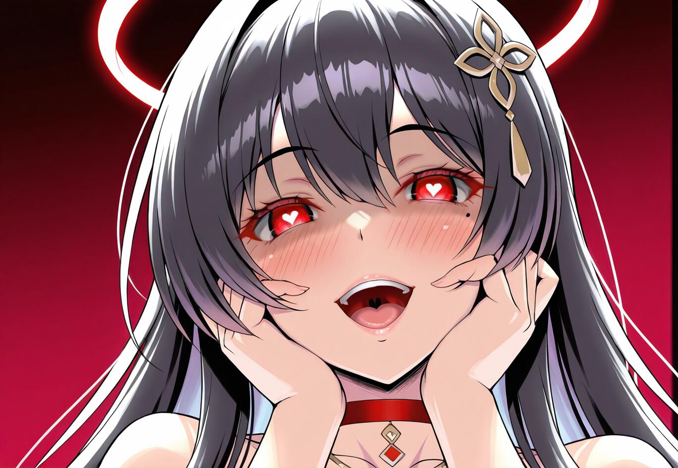 An anime girl with long black hair and a red halo, identified as Shiromi Iori from Blue Archive, giving a yandere smile. She is blushing intensely, with glowing red eyes that have heart-shaped pupils, while cupping her cheeks.