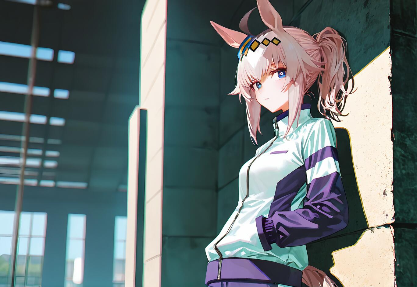 An anime illustration of Oguri Cap from Uma Musume, a girl with pink hair in a ponytail and horse ears, wearing a white and purple tracksuit while leaning against a sunlit wall.