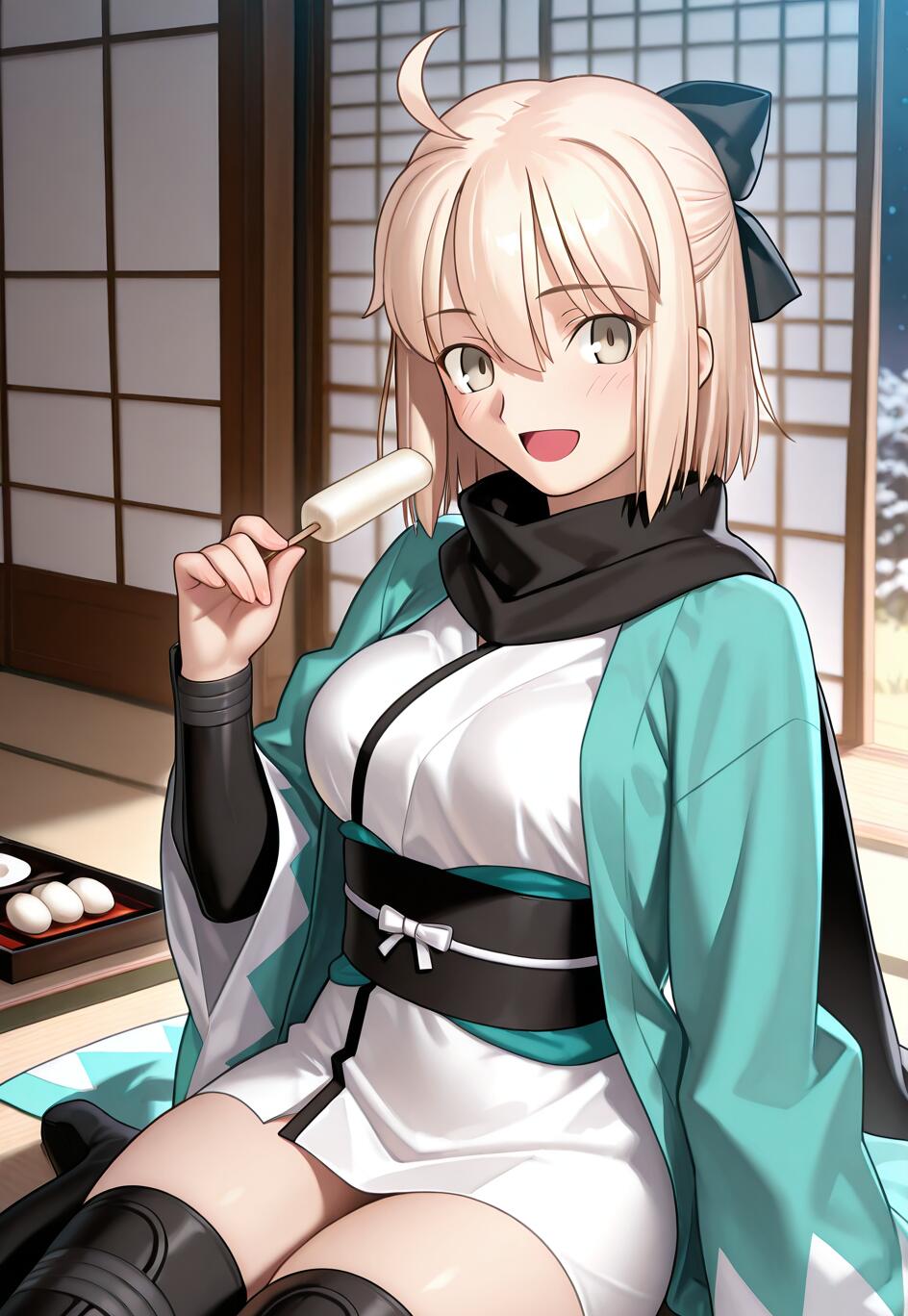 Okita Souji, a blonde anime character from Fate/Grand Order, smiling warmly while sitting in a traditional Japanese room and holding a dango. She is wearing a turquoise haori over a white kimono.