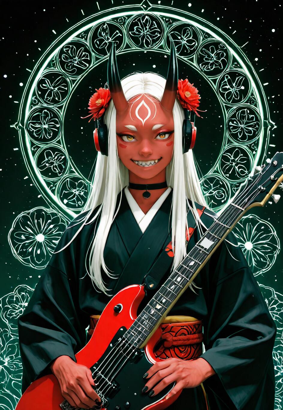 A red-skinned oni demon with white hair and black horns, wearing a black kimono and headphones, smiles menacingly while holding a red electric guitar in front of a glowing green mandala.