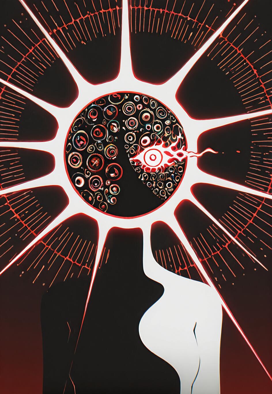 An abstract, high-contrast illustration of a celestial being. A large black circle filled with many smaller eyes forms the head, with a single flaming red eye at its center. This is surrounded by a white halo with black, sun-like rays. Below is the white, minimalist silhouette of a woman's torso against a black and dark red background.