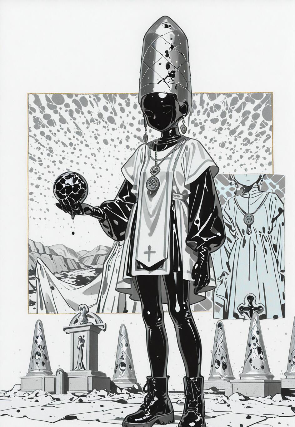 A full-body, black and white manga-style illustration of a figure with glossy black skin, wearing a tall metallic hat and a white tunic with a cross, holding a broken black sphere in a surreal graveyard setting.