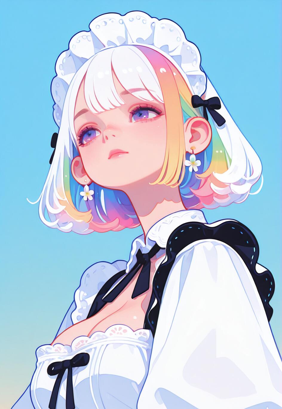 An anime-style illustration of a young maid with short white and rainbow hair, looking up towards a blue sky. She wears a white and black frilly dress, a matching headdress, and small white flower earrings.