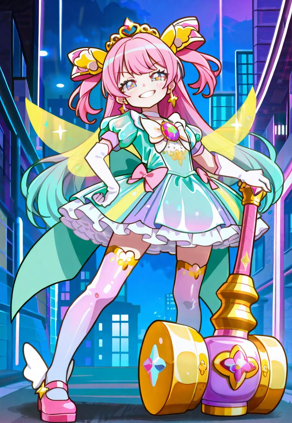 Full body illustration of an anime magical girl with pink hair and a huge hammer, posing confidently in a neon-lit city at night.