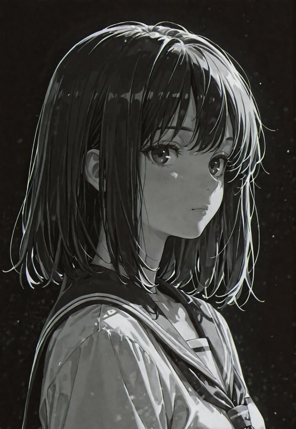 A black and white anime illustration of a girl in a school uniform with dark, shoulder-length hair, looking to the side with a serious and thoughtful expression against a dark background.