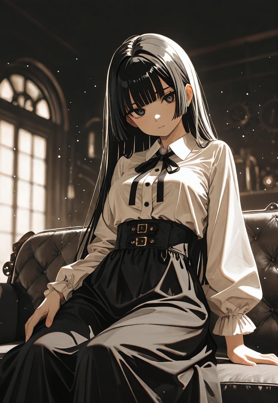 An anime girl with long black hair and a hime cut, wearing a white blouse and long black skirt, sits on a black leather sofa in a dark, elegant room, looking directly at the viewer.
