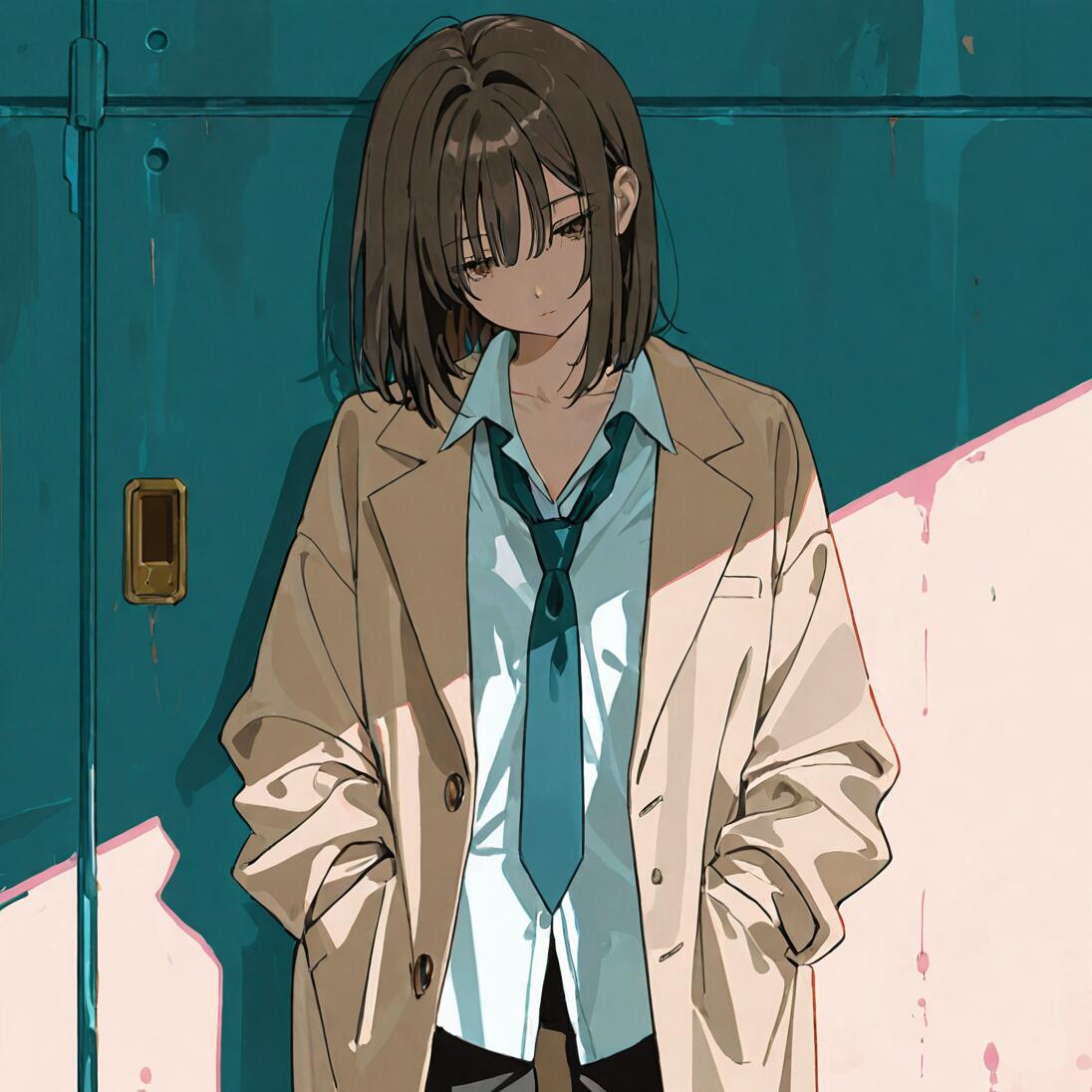 An anime-style illustration of a young woman with short brown hair wearing a beige coat over a white shirt and loose tie. She stands with her hands in her pockets against a teal wall, looking down with a somber expression.