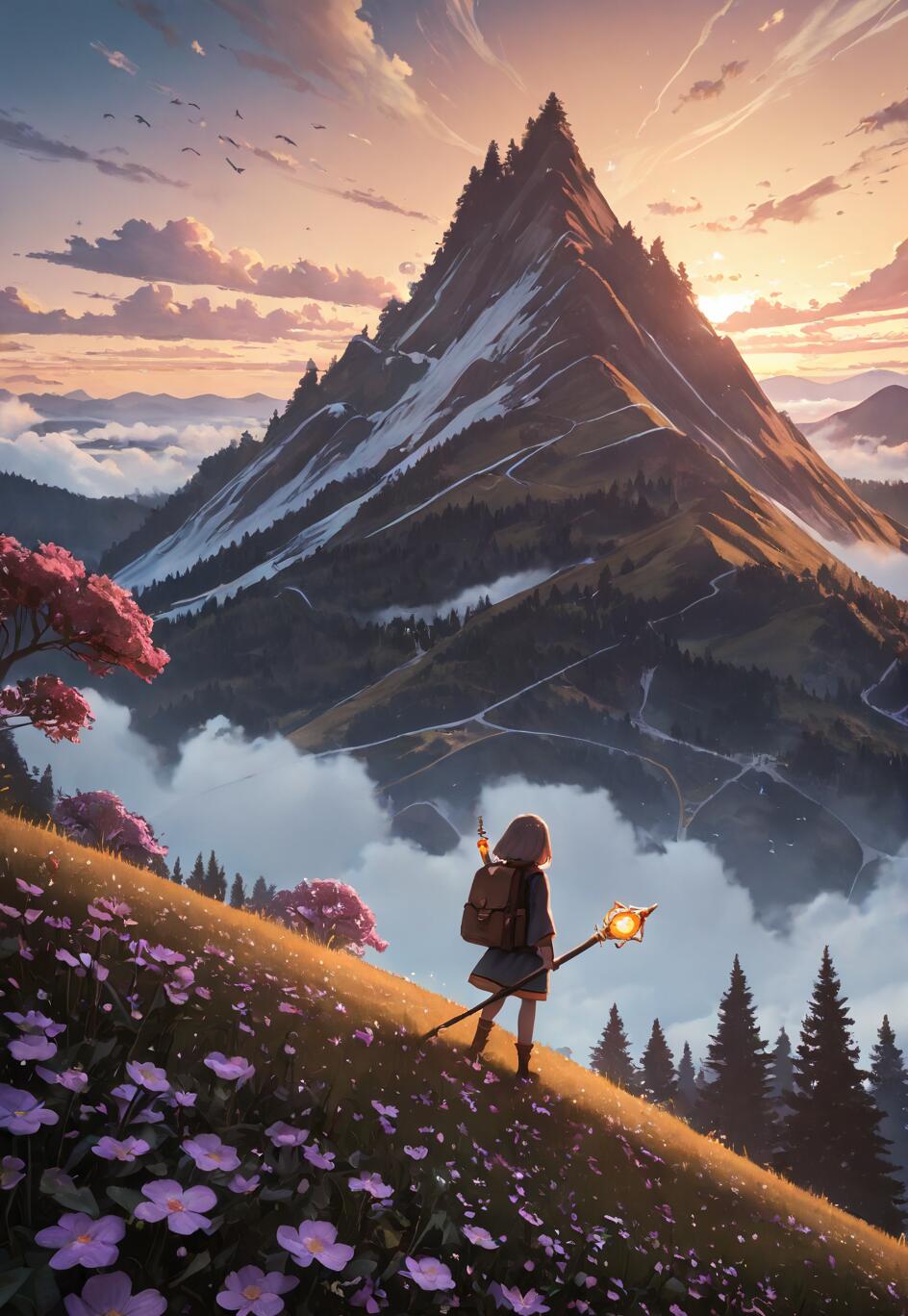 An anime-style illustration of a young female traveler with a backpack and a glowing staff, standing on a hill of purple flowers and looking out at a massive mountain range at sunrise.