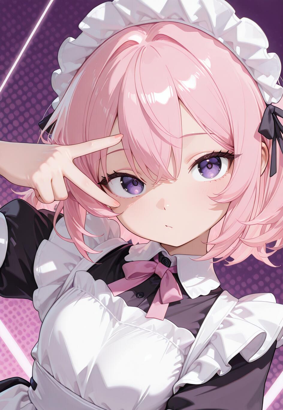 An anime-style illustration of a girl with short pink hair and purple eyes, dressed as a maid. She is making a V-sign over one eye and looking at the camera against a purple-dotted background.