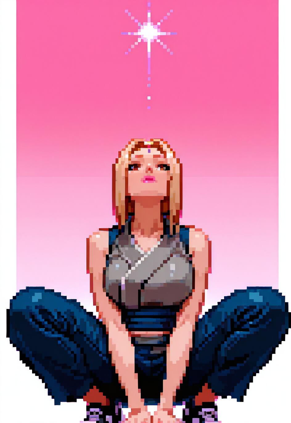 A pixel art depiction of Tsunade from Naruto in a squatting pose, looking up towards a single, bright star against a pink background.